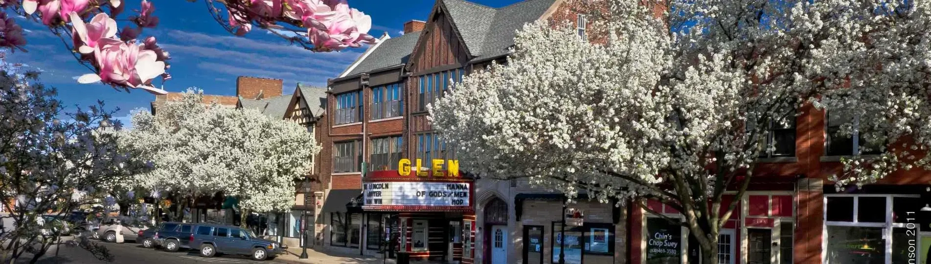 Historic theater with blooming trees