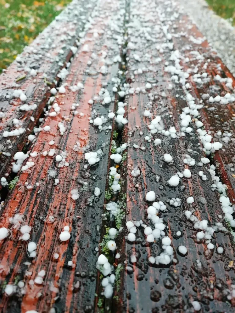 Hailstones on a wet wooden surface