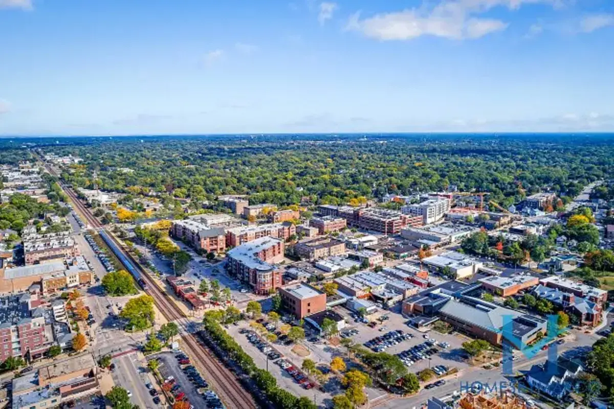 Aerial view of suburban town. Eztech Auto Body Shop